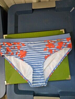 Joules Blue & White Striped Bikini Bottom with Peachy Red Floral Accents